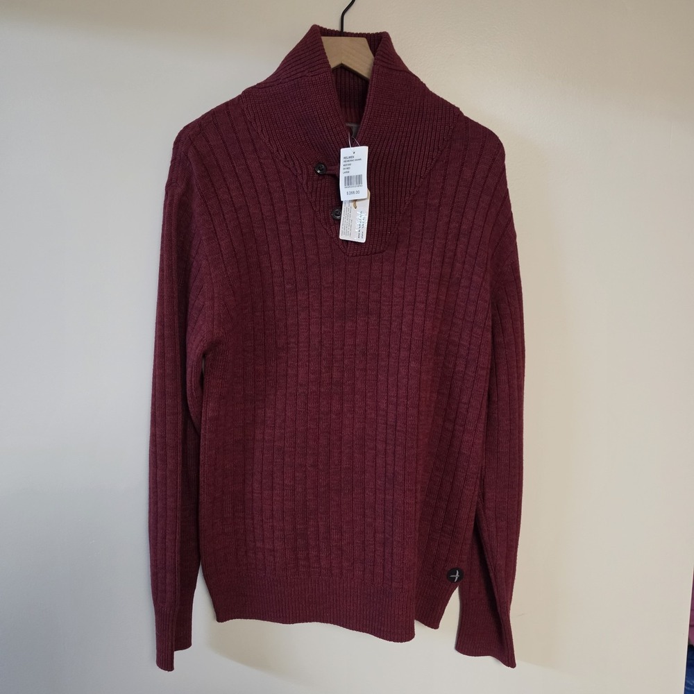 Relwen Mens Shawl Collar Sweater Deep Red Size Large 100% Merino Wool NWT Preppy